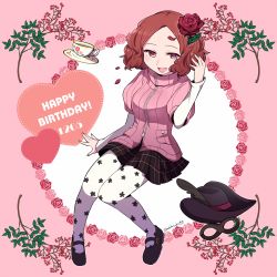 Rule 34 | 10s, 1girl, birthday, brown eyes, brown hair, cup, do m kaeru, domino mask, floral print, flower, hair flower, hair ornament, hat, hat feather, heart, mary janes, mask, okumura haru, pantyhose, persona, persona 5, pink sweater, plaid, plaid skirt, ribbed sweater, rose, saucer, school uniform, shoes, short hair, shuujin academy school uniform, skirt, smile, sweater, teacup, twitter username, white pantyhose