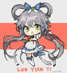 Rule 34 | 1girl, :o, black sleeves, black thighhighs, blue skirt, boots, bracelet, character name, chibi, dated, detached sleeves, full body, green eyes, grey hair, hair ornament, hair rings, hair tubes, hands up, headphones, highres, jewelry, long hair, looking at viewer, luo tianyi, miniskirt, necktie, ofgwr, outstretched arm, pleated skirt, shirt, short hair with long locks, sidelocks, skirt, solo, standing, standing on one leg, thighhighs, very long hair, vocaloid, white footwear, white shirt, yellow necktie