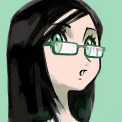 Rule 34 | 1girl, :o, black hair, commentary request, eyelashes, glasses, green-framed eyewear, green background, green eyes, green theme, long hair, looking away, looking to the side, lowres, open mouth, original, portrait, solo, sugimori ken, upper body