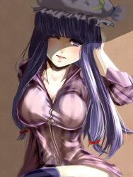 Rule 34 | 1girl, at2., black thighhighs, blunt bangs, bow, breasts, cleavage, closed mouth, collarbone, hair bow, large breasts, long hair, long sleeves, looking at viewer, one eye closed, patchouli knowledge, purple eyes, purple hair, red bow, sitting, solo, thighhighs, tongue, tongue out, touhou