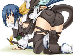 Rule 34 | 1girl, all fours, ankle boots, arm support, ass, asymmetrical wings, bare shoulders, black thighhighs, blue hair, blush, boots, bow, breasts, cross-laced clothes, cross-laced legwear, dizzy (guilty gear), feathered wings, guilty gear, hair bow, long hair, long sleeves, looking back, off shoulder, open mouth, orippa, pants, red eyes, shorts, sideboob, small breasts, smile, solo, tail, tail bow, tail ornament, thighhighs, wings, yellow bow
