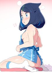 Rule 34 | 1girl, apron, ass, bare back, bare shoulders, blue apron, blue eyes, blue hair, blush, breasts, child, covered erect nipples, creatures (company), from behind, game freak, gradient background, highres, kneeling, liko (pokemon), looking to the side, multicolored hair, naked apron, nintendo, no panties, open mouth, pink background, pokemon, pokemon (anime), pokemon horizons, shiny skin, short hair, sideboob, sitting, small breasts, socks, solo, sweat, tottotonero, two-tone hair, wariza, white background, white socks