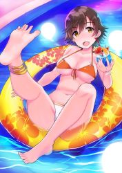 Rule 34 | 1girl, bare arms, bare legs, bare shoulders, barefoot, bikini, breasts, brown eyes, brown hair, cleavage, collarbone, commentary request, cup, cupping glass, drink, drinking glass, floral print, full body, hibiscus print, holding, holding drink, honda mio, idolmaster, idolmaster cinderella girls, in water, innertube, large breasts, looking at viewer, orange bikini, short hair, smile, soles, solo, swim ring, swimsuit, water, white bikini