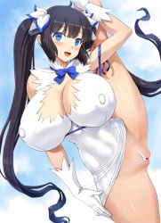 Rule 34 | 1girl, ass, black hair, blue eyes, blush, breasts, cameltoe, censored, cleavage, cleft of venus, covered erect nipples, curvy, dress, dungeon ni deai wo motomeru no wa machigatteiru darou ka, gloves, heart, heart censor, hestia (danmachi), highres, huge breasts, leg lift, leg up, long hair, looking at viewer, mogudan, nipples, open mouth, panties, pussy, shiny skin, short dress, simple background, smile, solo, spread legs, standing, standing on one leg, striped clothes, striped panties, thong, underwear, upper body, wedgie, white dress, white gloves, white panties
