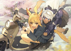 Rule 34 | 2girls, animal ears, arms around waist, au ra, blonde hair, blue eyes, brown eyes, cat ears, cat tail, contemporary, dark-skinned female, dark skin, dragon tail, driving, facial mark, fang, final fantasy, final fantasy xiv, hide (hideout), horns, miqo&#039;te, moped, motor vehicle, multiple girls, open mouth, pleated skirt, riding, scared, school uniform, silver hair, skirt, slit pupils, smile, tail, tearing up, warrior of light (ff14), whisker markings