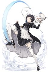 Rule 34 | 1girl, black footwear, black hair, blue eyes, cup, frilled thighhighs, frills, frown, full body, garter belt, hair ornament, hat, heel blade, highres, holding, holding tray, josie rosebud, kicking, maid, maid cap, mob cap, mole, mole under eye, motion lines, official art, plantar flexion, pocket watch, princess principal, princess principal game of mission, saucer, shoes, skirt hold, solo, standing, standing on one leg, switchblade, teacup, teapot, thighhighs, transparent background, tray, watch, white thighhighs