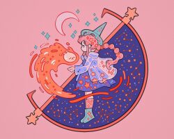 Rule 34 | 1girl, absurdres, blue hat, cape, constellation, crescent, dress, ear piercing, earrings, full body, hat, highres, jewelry, long hair, long sleeves, meyoco, no mouth, original, piercing, pink background, pink hair, ponytail, profile, purple dress, shoes, sidelocks, simple background, socks, solo, star (sky), star (symbol), wizard hat