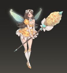 Rule 34 | 1girl, :3, absurdres, bad id, bad pixiv id, bee, black background, blush, breasts, bug, cleavage, closed mouth, detached collar, dress, eyelashes, fairy, frilled skirt, frills, full body, gem, glowing, glowing wings, gradient background, hair ornament, headband, high heels, highres, holding, holding weapon, honeycomb, insect, kneehighs, lips, long hair, madaeng, medium breasts, nail polish, narrow waist, orange nails, original, parted bangs, puffy short sleeves, puffy sleeves, short sleeves, simple background, single bare shoulder, single sleeve, skirt, socks, solo, sparkle, strappy heels, weapon, white socks, wings, wrist cuffs, yellow dress, yellow eyes, yellow headband