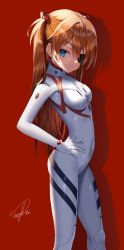Rule 34 | 1girl, absurdres, blue eyes, bodysuit, breasts, closed mouth, covered navel, evangelion: 3.0+1.0 thrice upon a time, eyebrows, feet out of frame, from side, gloves, hair ornament, hand on own hip, highres, long hair, looking at viewer, looking to the side, neon genesis evangelion, one eye covered, orange hair, plugsuit, rebuild of evangelion, red background, signature, simple background, sinobi illust, small breasts, solo, souryuu asuka langley, standing, two side up, white bodysuit, white gloves