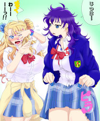 Rule 34 | 10s, 2girls, blazer, blonde hair, blue eyes, blue nails, blush, breasts, cardigan, cardigan around waist, clothes around waist, clothes lift, covering own eyes, cowboy shot, ear piercing, earrings, embarrassed, fang, flying sweatdrops, galko, gradient background, highres, jacket, jewelry, large breasts, legs together, lifting own clothes, long hair, loose neck ribbon, loose neckwear, makkuro rokusuke, miniskirt, multiple girls, nail polish, okako (galko), one side up, oshiete! galko-chan, piercing, pink nails, plaid, plaid skirt, pleated skirt, purple hair, red neckwear, school uniform, shirt, side bun, simple background, skirt, skirt lift, sleeves rolled up, speech bubble, standing, sweater, sweater around waist, taut clothes, taut shirt, translated, watch, white shirt, wristwatch