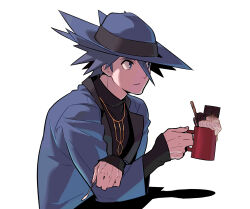 Rule 34 | 1boy, black shirt, blue eyes, blue hair, blue hat, blue jacket, candy, chocolate, chocolate bar, closed mouth, commentary request, creatures (company), cup, expressionless, food, game freak, hair between eyes, hand on own arm, hat, highres, holding, holding cup, holding spoon, jacket, jewelry, korean commentary, looking ahead, male focus, mug, necklace, nintendo, pokemon, pokemon dppt, redlhzz, riley (pokemon), shirt, simple background, sleeves past wrists, solo, spiked hair, spoon, turtleneck, upper body, wafer stick, whipped cream, white background