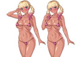 Rule 34 | 1girl, :q, absurdres, bikini, blue eyes, blush, breasts, breasts apart, chiibou (shoukasen), cowboy shot, female focus, groin, gyaru, hand up, head tilt, highres, kuro gal imouto ni nakadashi!, large breasts, legs, licking, licking lips, looking at viewer, micro bikini, multicolored hair, navel, original, parted lips, shiny skin, simple background, smile, solo, standing, swimsuit, thighs, thong, tongue, tongue out, twintails, two-tone hair, v, white background