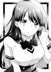 Rule 34 | 1girl, bow, breasts, collared shirt, dress shirt, greyscale, hair behind ear, tucking hair, hand up, highres, ice cream kanojo, kuune rin, long hair, looking at viewer, medium breasts, monochrome, parted lips, shirt, short sleeves, skirt, solo, upper body, very long hair