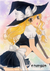 Rule 34 | 1girl, :o, acrylic paint (medium), blonde hair, bow, braid, colored pencil (medium), crop top, eyelashes, female focus, from behind, gradient background, hair bow, hat, highres, kirisame marisa, large bow, leaning forward, looking back, marituin, open mouth, painting (medium), pastel (medium), sample watermark, side braid, skirt, solo, touhou, traditional media, watermark, witch, witch hat, yellow eyes