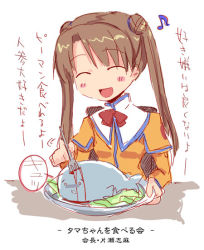 Rule 34 | 00s, 1girl, animal, blood, blush stickers, bow, bowtie, brown hair, chair, closed eyes, double bun, fish, food, fork, fork in head, hair bun, katase shima, long hair, long sleeves, musical note, object through head, open mouth, orange shirt, plate, quaver, shirt, simple background, smile, solo, table, translation request, twintails, uchuu no stellvia, uniform, upper body, white background, yamai
