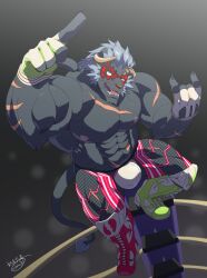 Rule 34 | 1boy, abs, absurdres, aotaki (aotk), bara, bodysuit, bulge, curled horns, demon boy, demon tail, fishnet bodysuit, fishnets, full body, furry, furry male, goat boy, grey fur, highres, horns, index finger raised, krampus (housamo), large bulge, large pectorals, long sideburns, looking at viewer, male focus, medium hair, muscular, muscular male, nipples, on ladder, pectorals, scar, scar across eye, scar on chest, sideburns, solo, spotlight, stomach, tail, thick eyebrows, thick thighs, thighs, tokyo houkago summoners, tusks, wrestling outfit, wrestling ring