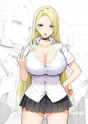 Rule 34 | 1girl, black choker, black skirt, blonde hair, breasts, choker, rena (sky-freedom), cleavage, collarbone, collared shirt, cowboy shot, dress shirt, earrings, fang, hair behind ear, hand on own hip, highres, jewelry, large breasts, long hair, looking at viewer, middle finger, miniskirt, nail polish, open mouth, original, partially unbuttoned, pleated skirt, school uniform, shirt, skin fang, skirt, sky-freedom, standing, thighs, untucked shirt, white shirt