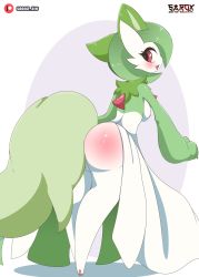 Rule 34 | 1girl, absurdres, animal ears, animal feet, arm support, artist name, ass, back, barefoot, blush, bob cut, body fur, breasts, cat ears, cat girl, cat tail, creatures (company), feet, female focus, from behind, full body, furry, furry female, fusion, game freak, gardevoir, gen 3 pokemon, green fur, green hair, happy, highres, leaning forward, legs, legs together, looking back, medium breasts, nintendo, nipples, open mouth, patreon logo, patreon username, pawpads, pokemon, pokemon (creature), purple background, pussy, pussy peek, red eyes, sarox, shiny skin, short hair, sideways mouth, simple background, smile, solo, sprigatito, standing, tail, two-tone background, two-tone fur, uncensored, watermark, white fur