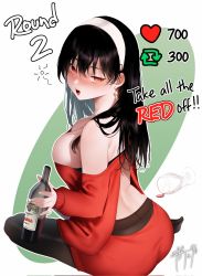 Rule 34 | :d, back, backless dress, backless outfit, bare shoulders, black hair, black pantyhose, blush, bottle, breasts, cleavage, cup, dress, drinking glass, drunk, earrings, english text, from side, hairband, highres, holding, holding bottle, jewelry, large breasts, long hair, looking at viewer, looking to the side, meme, nose blush, off-shoulder dress, off shoulder, open mouth, pantyhose, red dress, signature, sitting, smile, spill, spy x family, squeans, twitter strip game (meme), two-tone background, white hairband, wine glass, yokozuwari, yor briar, zasshu