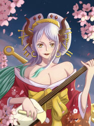 Rule 34 | 1girl, apple7apo, bare shoulders, blush, closed mouth, commentary request, earrings, falling petals, flower, green hair, hair flower, hair ornament, hair stick, highres, holding, holding instrument, hoop earrings, horns, instrument, japanese clothes, jewelry, kimono, lipstick, long hair, looking at viewer, makeup, multicolored hair, multicolored horns, music, nihongami, official alternate costume, oiran, one piece, oni, oni horns, outdoors, petals, playing instrument, red lips, rose petals, shamisen, smile, solo, white hair, yamato (one piece), yellow eyes