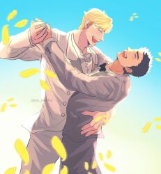 Rule 34 | 2boys, ao isami, black hair, blonde hair, couple, dancing, day, facial hair, formal, happy, highres, husband and husband, laughing, lewis smith, male focus, multiple boys, official alternate costume, petals, sideburns stubble, sio siocha, stubble, suit, thick eyebrows, white suit, yaoi, yuuki bakuhatsu bang bravern