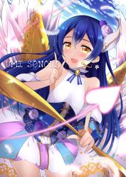 Rule 34 | 1girl, arrow (projectile), bad id, bad twitter id, blue hair, blush, bow (weapon), character name, commentary request, cowboy shot, dress, earrings, flower, hair flower, hair ornament, heart, holding, holding bow (weapon), holding weapon, jewelry, long hair, looking at viewer, love live!, love live! school idol festival, love live! school idol project, open mouth, skirt, sleeveless, sleeveless dress, smile, solo, sonoda umi, weapon, yellow eyes