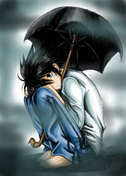 Rule 34 | 00s, 1boy, bags under eyes, death note, l (death note), male focus, rain, solo, tears, umbrella