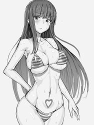 Rule 34 | 10s, 1girl, arm behind back, bikini, blunt bangs, breasts, cleavage, closed mouth, commentary, covered erect nipples, cowboy shot, curvy, frown, fuchitoro, girls und panzer, greyscale, heart, heart tattoo, highres, large breasts, long hair, looking at viewer, mature female, micro bikini, monochrome, nishizumi shiho, sideboob, sidelocks, simple background, sketch, solo, standing, straight hair, string bikini, striped bikini, striped clothes, swimsuit, tattoo, underboob, wet, white background