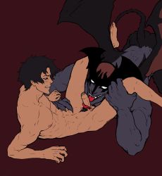 Rule 34 | 2boys, abs, black hair, demon, devilman, devilman crybaby, erection, foreskin, fudou akira, highres, interspecies, licking, lying, multiple boys, muscular, nude, penis, red eyes, size difference, tail, tongue, yaoi