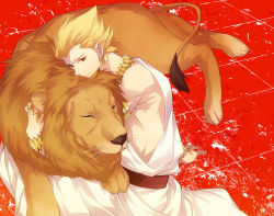 Rule 34 | 1boy, armlet, bad id, bad pixiv id, blonde hair, bracelet, earrings, closed eyes, fate/zero, fate (series), gilgamesh (fate), jewelry, lion, male focus, necklace, official alternate costume, red background, red eyes, short hair, solo, toga, xia (ryugo)