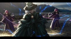 Rule 34 | 1boy, 2girls, amulet, ascot, cloak, clone, dress, edmond dantes (fate), electricity, fate/grand order, fate (series), fedora, fur collar, grass, hat, letterboxed, long hair, mountain, multiple girls, otsumami (bu-bu-heaven), red eyes, river, scathach (fate), scathach skadi (fate), tiara, wand, water, white hair, yellow eyes