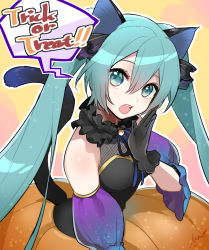 Rule 34 | 1girl, alternate costume, animal ears, aqua eyes, aqua hair, bare shoulders, black gloves, blush, breasts, bubble skirt, cat ears, cat tail, commentary request, denim, detached sleeves, gloves, hair between eyes, halloween, hatsune miku, jeans, kemonomimi mode, leaning forward, long hair, long sleeves, looking back, mamo (fortune-mm), open mouth, orange skirt, pants, pink background, purple sleeves, signature, skirt, small breasts, solo, speech bubble, tail, trick or treat, twintails, two-tone background, very long hair, vocaloid, yellow background