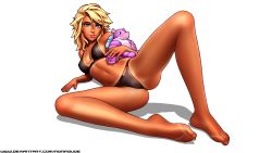Rule 34 | 1girl, absurdres, barefoot, bikini, bikini tan, black bikini, blonde hair, blue eyes, breasts, cameo, commentary, commission, covered erect nipples, dark skin, earrings, elf, english commentary, feet, full body, highres, jewelry, lips, lipstick, looking at viewer, lying, makeup, makoa, medium hair, navel, nose, on side, original, paladins, pointy ears, ronindude, sassy (ronindude), small breasts, solo, spread legs, stuffed toy, swimsuit, tan, tanline, toes, watermark, web address, white background