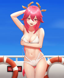Rule 34 | 1girl, absurdres, animal ears, arm behind head, arm up, bikini, blue sky, bow, bow panties, bra, breast hold, breasts, cleavage, collarbone, commentary request, contrapposto, cowboy shot, day, earrings, fox ears, genshin impact, hair between eyes, hair ornament, highres, indoors, jewelry, lace, lace bra, lace panties, lifebuoy, light smile, lips, long hair, looking at viewer, low-tied long hair, medium breasts, navel, open mouth, panties, pink hair, pink lips, purple eyes, railing, sky, solo, string bikini, swim ring, swimsuit, thigh gap, too (totoo), underwear, unfastened, wet, white bikini, white bra, yae miko