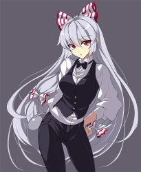 Rule 34 | 1girl, alternate costume, bow, bowtie, contrapposto, female focus, formal, fujiwara no mokou, hair bow, hair ribbon, hand on own hip, hip focus, long hair, pant suit, pants, red eyes, ribbon, silver hair, simple background, solo, standing, suit, touhou, touya (the-moon), traditional bowtie, very long hair, waistcoat, waiter, waitress