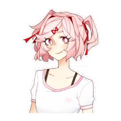 Rule 34 | 1girl, caffe0w0, casual, collarbone, commentary, doki doki literature club, english commentary, eyes visible through hair, fang, fang out, hair ornament, hair ribbon, hairclip, looking at viewer, natsuki (doki doki literature club), outline, pink eyes, pink hair, red ribbon, ribbon, shirt, short hair, short sleeves, simple background, smile, solo, two side up, upper body, white background, white shirt