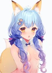 Rule 34 | 1girl, :o, animal ears, blue hair, blush, breasts, brown eyes, closed mouth, detached collar, eyelashes, female focus, floral print, fox ears, fox girl, fox tail, fur, gradient hair, hair ornament, hair over breasts, hair over shoulder, hair ribbon, hairclip, highres, light particles, long hair, looking at viewer, low twintails, momoshiki tsubaki, multicolored hair, original, purple hair, ribbon, simple background, slit pupils, small breasts, solo, tail, topless frame, twintails, upper body, white background, yellow eyes