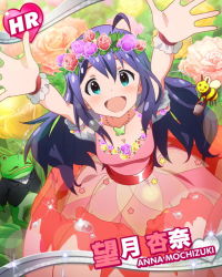 Rule 34 | 10s, 1girl, :d, ahoge, aqua eyes, bee, blue hair, bug, character name, dress, flower, flower on head, frog, head wreath, heart, idolmaster, idolmaster million live!, bug, jewelry, long hair, looking at viewer, mochizuki anna, necklace, official art, open mouth, outstretched arms, smile