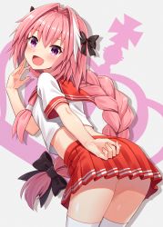 Rule 34 | 1boy, ass, astolfo (fate), astolfo (sailor paladin) (fate), blush, braid, braided ponytail, commentary request, fang, fate/apocrypha, fate/grand order, fate (series), from behind, hair between eyes, hair intakes, hair ribbon, highres, hyuuga azuri, long hair, looking at viewer, looking back, male focus, neckerchief, official alternate costume, open mouth, pink hair, pleated skirt, purple eyes, red skirt, ribbon, sailor collar, school uniform, serafuku, short sleeves, simple background, single braid, skirt, smile, solo, standing, thighhighs, trap, white thighhighs