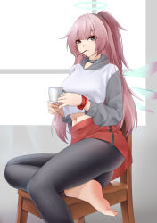 Rule 34 | 1girl, absurdres, alternate costume, ambriel (arknights), arknights, ass, barefoot, black choker, black leggings, breasts, casperrin, casual, choker, closed mouth, cup, detached wings, energy wings, food, grey eyes, halo, highres, holding, holding cup, indoors, large breasts, leggings, long hair, looking at viewer, midriff peek, miniskirt, mouth hold, navel, on chair, one side up, pink hair, pocky, red skirt, sitting, skirt, solo, sweater, very long hair, white sweater, window, wings, wristband