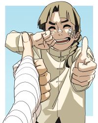 Rule 34 | 1boy, 1other, :d, ^ ^, aged down, bandaid, bandaid on face, black hair, blush, braid, closed eyes, happy tears, highres, male focus, medium hair, naruto, naruto (series), open mouth, out of frame, pnpk 1013, pov, rock lee, shirt, smile, solo focus, tears, thick eyebrows, thumbs up, upper body, white shirt