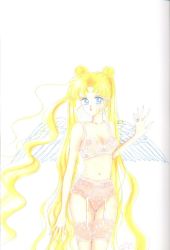 Rule 34 | 1990s (style), 1girl, angel wings, bishoujo senshi sailor moon, blonde hair, blue eyes, bra, breasts, cleavage, commentary, cowboy shot, double bun, garter belt, jewelry, lace, lace-trimmed legwear, lace trim, lingerie, long hair, non-web source, official art, pale color, panties, parted lips, retro artstyle, ring, signature, solo, takeuchi naoko, thighhighs, tsukino usagi, twintails, underwear, underwear only, very long hair, wavy hair, wings