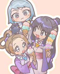 3girls ace_attorney ascot bead_necklace beads black_eyes black_gloves black_hair black_vest blue_eyes blue_hair blunt_bangs bow commentary earrings food franziska_von_karma gloves grey_eyes hair_bobbles hair_ornament hair_rings hands_up hanten_(clothes) holding holding_food holding_ice_cream ice_cream jacket japanese_clothes jewelry kimono long_hair looking_at_another lowres magatama magatama_necklace maya_fey medium_hair miying_(ho_ru03_15) mole mole_under_eye multiple_girls necklace obi open_clothes open_jacket pearl_fey puffy_sleeves purple_jacket sash symbol-only_commentary topknot vest white_ascot white_bow