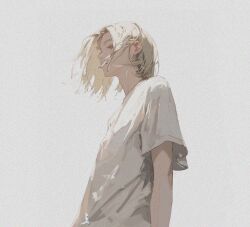 Rule 34 | 1boy, 96yottea, absurdres, blonde hair, closed eyes, closed mouth, floating hair, from side, grey background, haikyuu!!, highres, kozume kenma, male focus, medium hair, shirt, short sleeves, sidelocks, simple background, solo, standing, upper body, white shirt