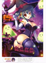 Rule 34 | 1girl, absurdres, ass, bare shoulders, boots, bow, breasts, cleavage, corset, demon tail, dengeki moeou, detached collar, elbow gloves, fang, gloves, green hair, halloween, hat, heart, heart tail, highres, jack-o&#039;-lantern, knee boots, mikeou, necktie, original, pointing, pointy ears, polka dot, polka dot legwear, pumpkin, red eyes, short hair, side ponytail, smile, solo, tail, thighhighs, wings, witch hat