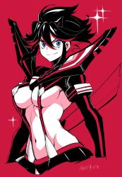 Rule 34 | 1girl, arms at sides, black hair, black skirt, blue eyes, breasts, closed mouth, commentary, cropped arms, cropped torso, hair between eyes, kill la kill, looking at viewer, matoi ryuuko, medium breasts, multicolored hair, navel, red background, red hair, revealing clothes, scissor blade (kill la kill), senketsu, short hair, signature, skirt, smile, solo, sparkle, stomach, streaked hair, suspenders, sword, symbol-only commentary, takatsuki ichi, two-tone hair, underboob, v-shaped eyebrows, weapon