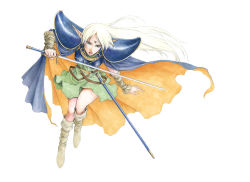 Rule 34 | 1girl, aritani mahoro, blonde hair, blue cape, boots, cape, deedlit, dress, elf, full body, green dress, green eyes, holding, holding sword, holding weapon, long hair, marker (medium), pointy ears, record of lodoss war, simple background, solo, sword, traditional media, weapon, white background