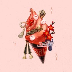 Rule 34 | boo tao (genshin impact), character name, commentary request, flower, food, food focus, foodification, genshin impact, highres, hu tao (genshin impact), ice cream, no humans, pink background, red flower, sparkle, weiyikande