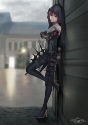 1girl absurdres against_wall black_bodysuit black_leggings black_veil bodysuit full_body grey_bodysuit high_heels highres joints latte_620 leggings looking_at_viewer mechanical_arms medium_hair punishing:_gray_raven red_eyes red_hair robot_joints signature solo standing veil vera:_garnet_(sorrowful_rose)_(pgr) vera_(pgr)