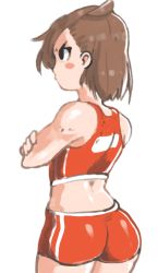 Rule 34 | 1girl, annoyed, ass, bare shoulders, blush stickers, brown hair, crossed arms, from behind, inkerton-kun, midriff, pout, short hair, simple background, solo, white background